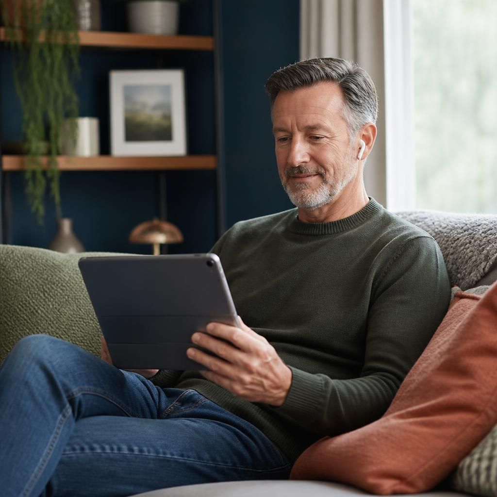 Mature white man having a secure online therapy session on a tablet from his sofa