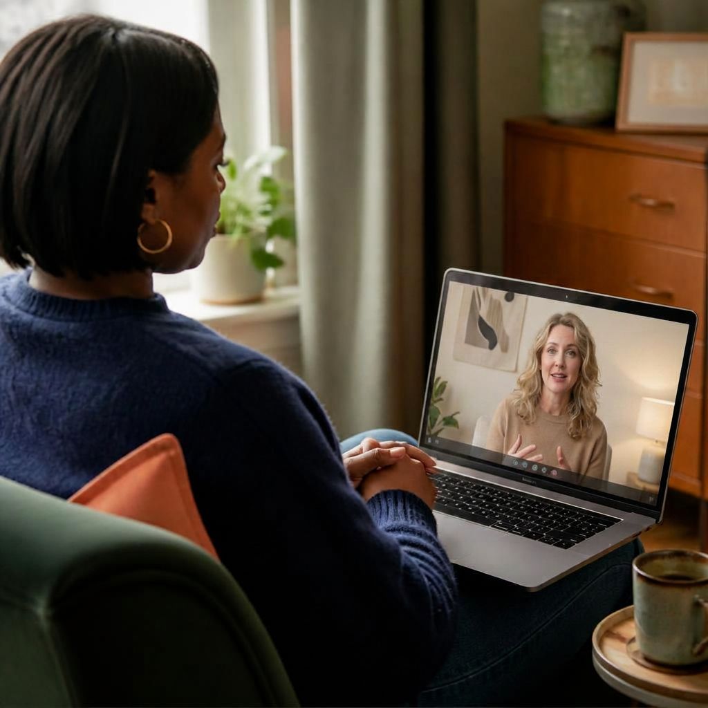 Black British woman having a secure online counselling session with her therapist from her armchair at home