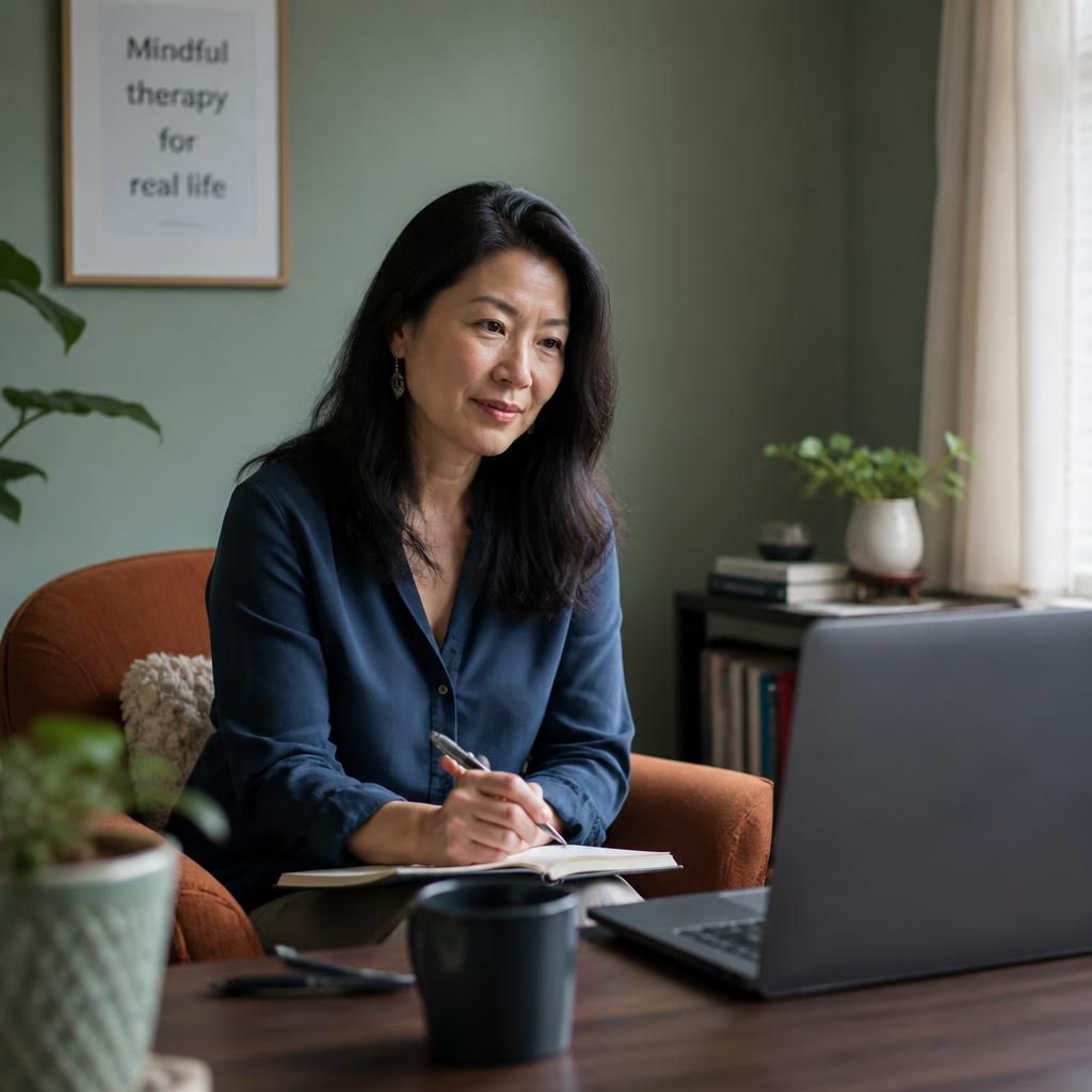 Qualified female therapist listening warmly during an online therapy session