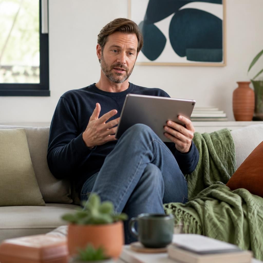 White man talking with his therapist during a private online counselling session on a tablet