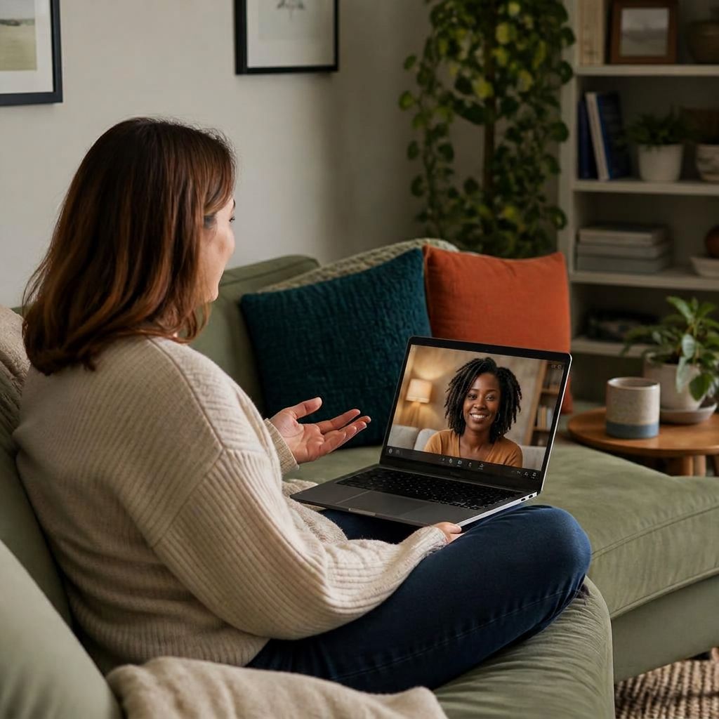 White woman having a secure online therapy session with her therapist on a laptop at home