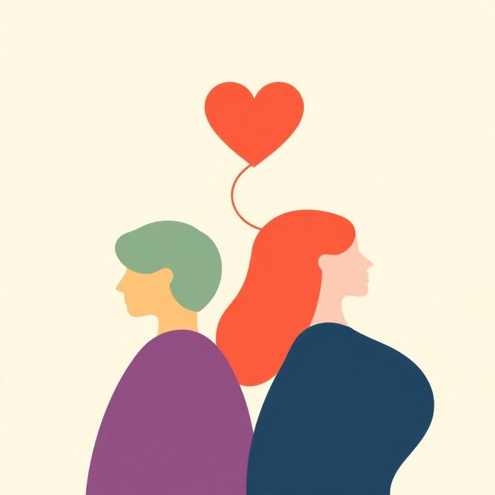 Two layered paper profiles connected by flowing ribbons, representing relationship counselling