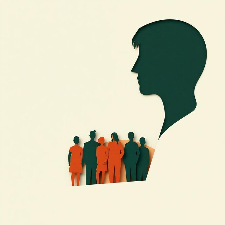Layered paper profile approaching a welcoming group, representing support for social anxiety